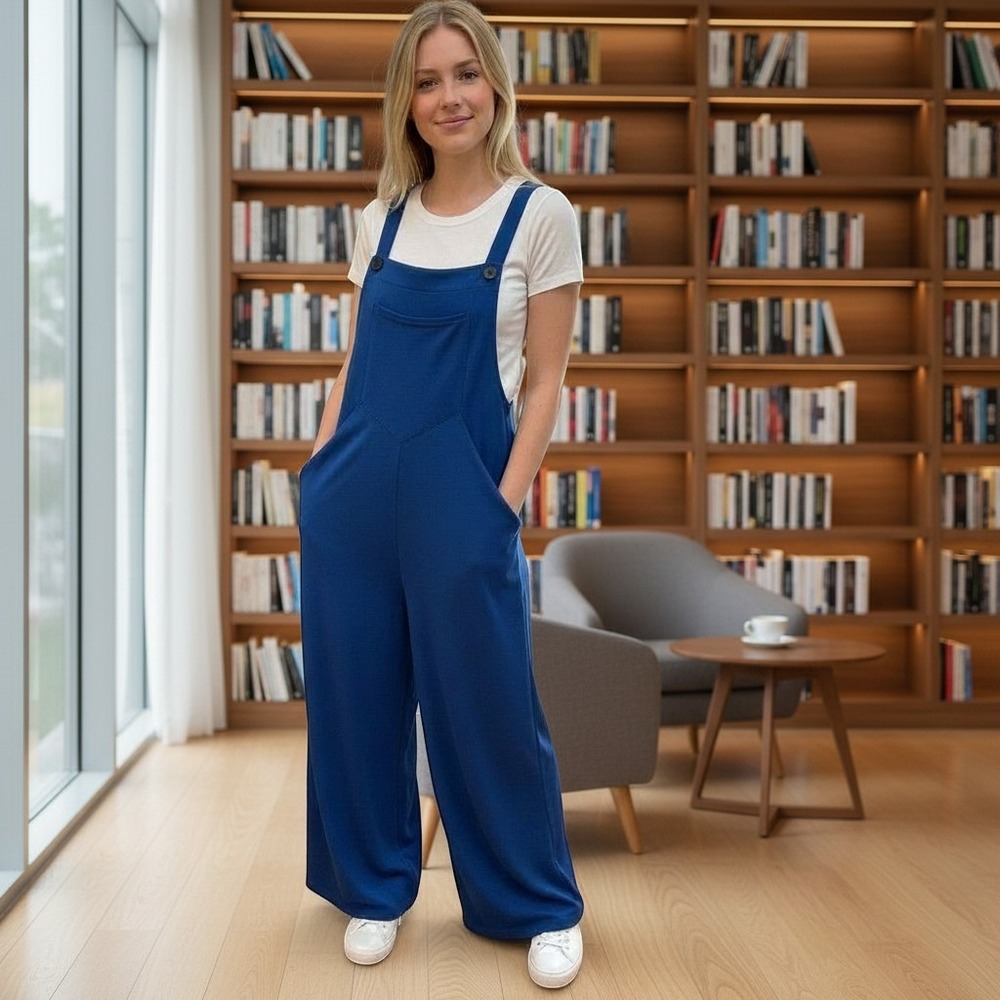 Halara Waffle Knit Wide Leg Overalls Royal Blue Pleated Jumpsuit Medium 8 / 10